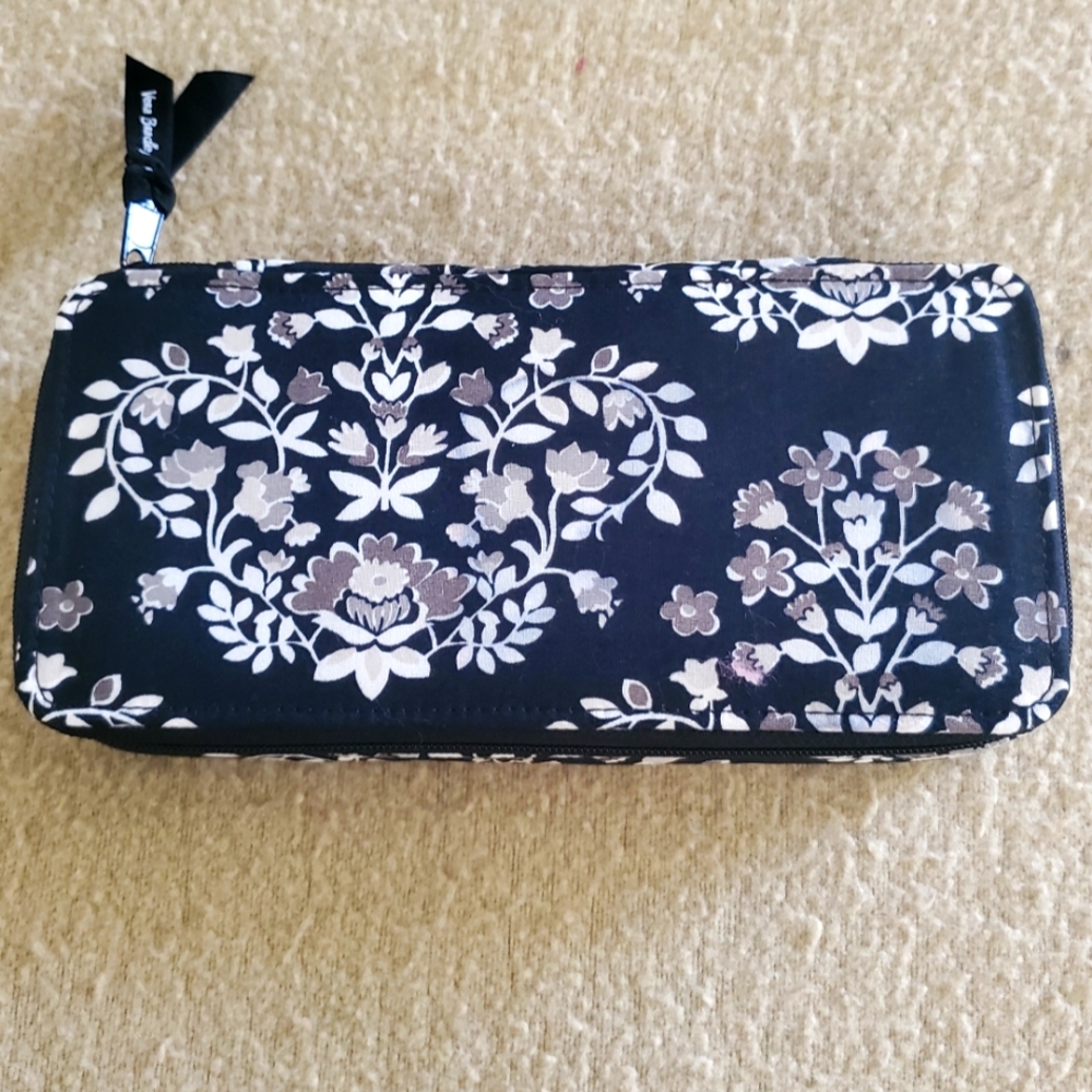 Vera Bradley Large Pill Case Black, White and Grey Paisley